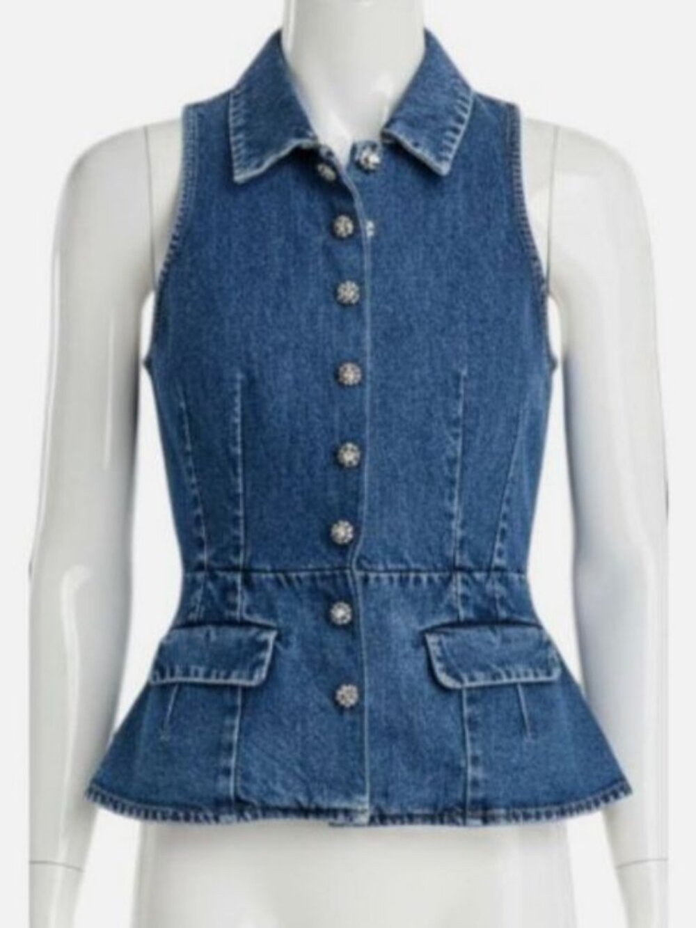 Self Portrait Women's Blue Denim Button Vest Jacket Size 2